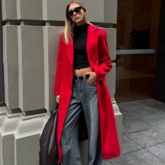 Marvin Richards Vibrant Scarlet Red Long Wool Coat Jacket - Picture 2 of 11